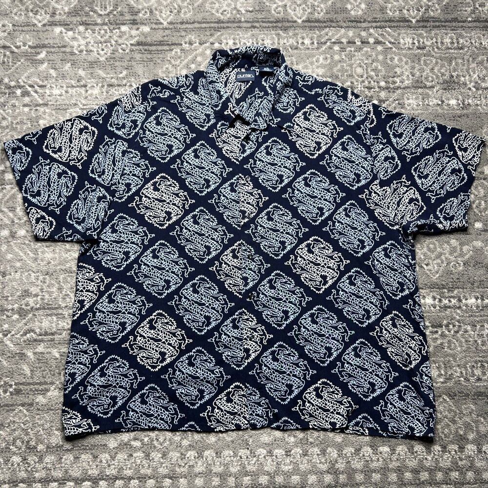 Vintage Puritan Mens 2XL Dragon Print Hawaiian Short Sleeve Button Up Shirt FLAW